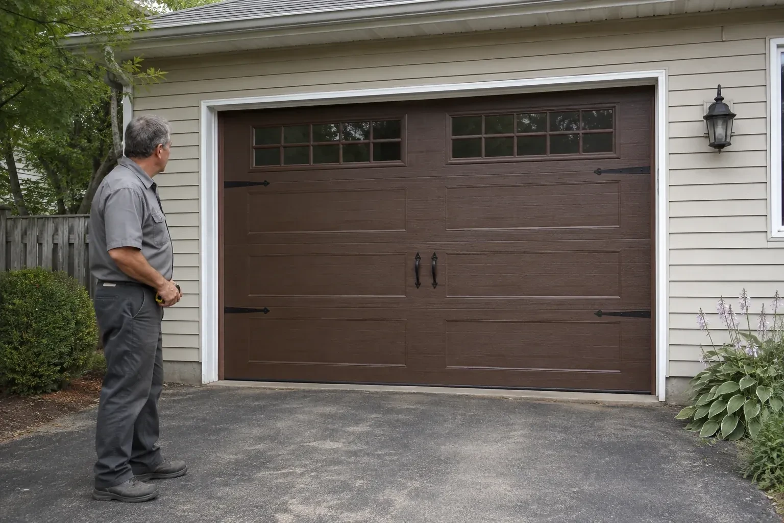 A person stands beside a closed brown garage door with upper windows and black decorative straps and handles. — Carriage-House Garage Door Installation, Cobourg