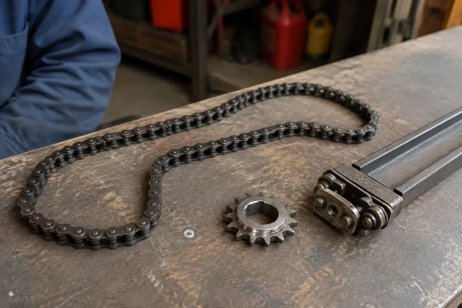 A detached metal roller chain, toothed sprocket and rail component rest on a worn garage workbench. — Chain-Drive Opener Repair, Cobourg