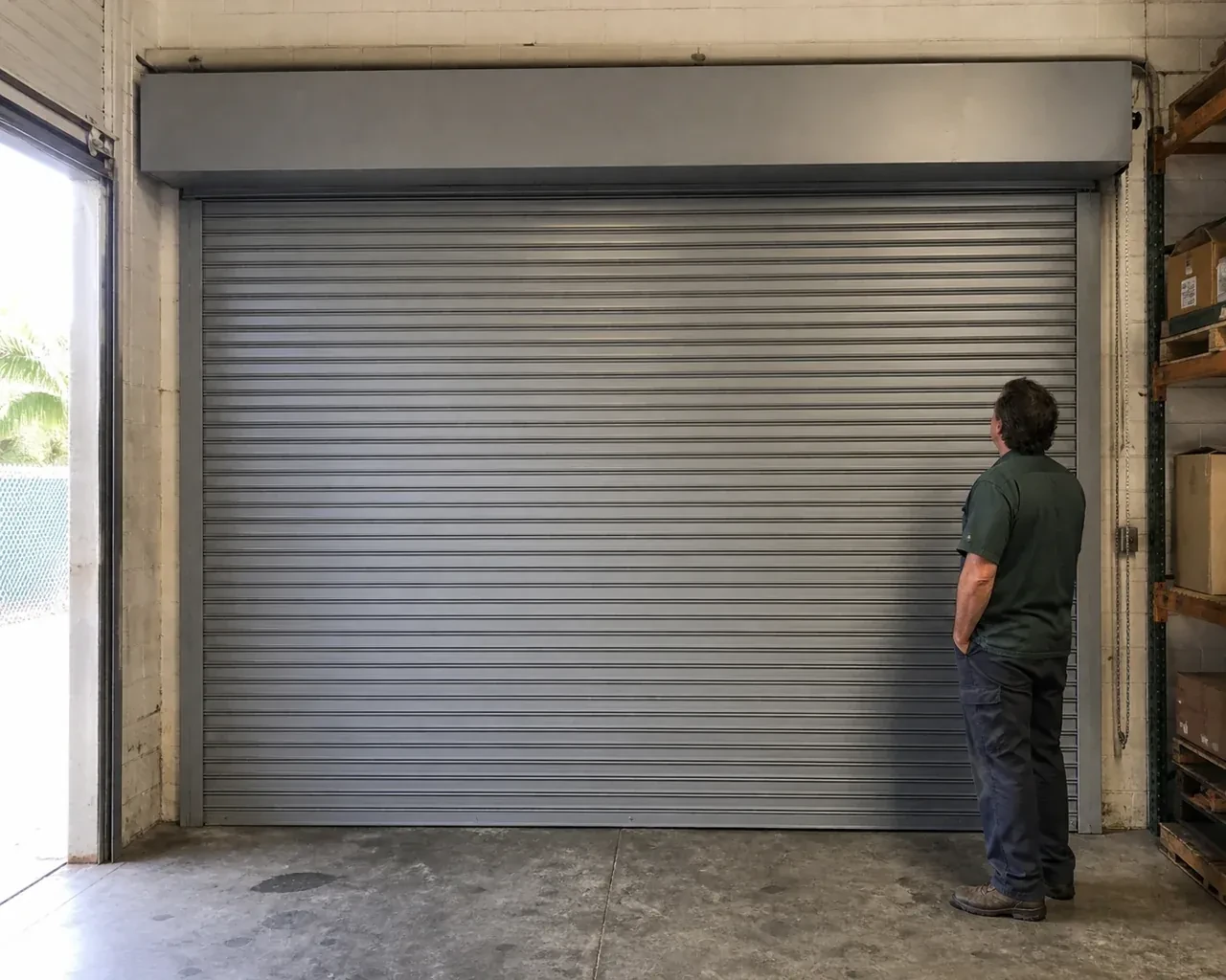 A person examines a closed metal rolling door with narrow horizontal slats, side guides and an overhead hood in a warehouse. — Commercial Rolling Door Repair, Cobourg