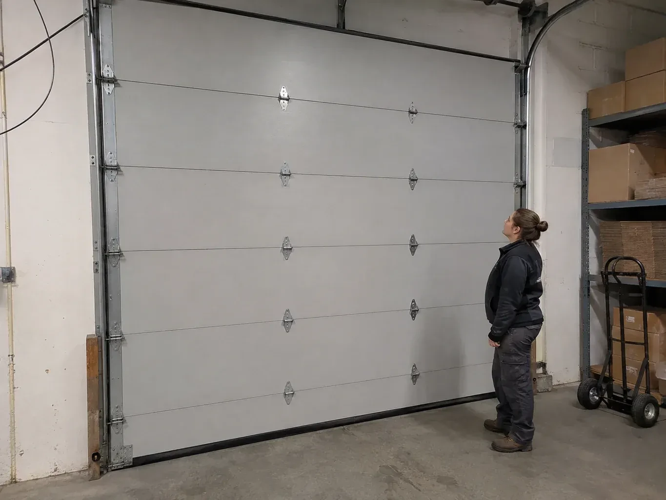 A person looks at a tall closed sectional door with broad panels, hinges and side tracks in a warehouse. — Commercial Sectional Door Repair, Cobourg