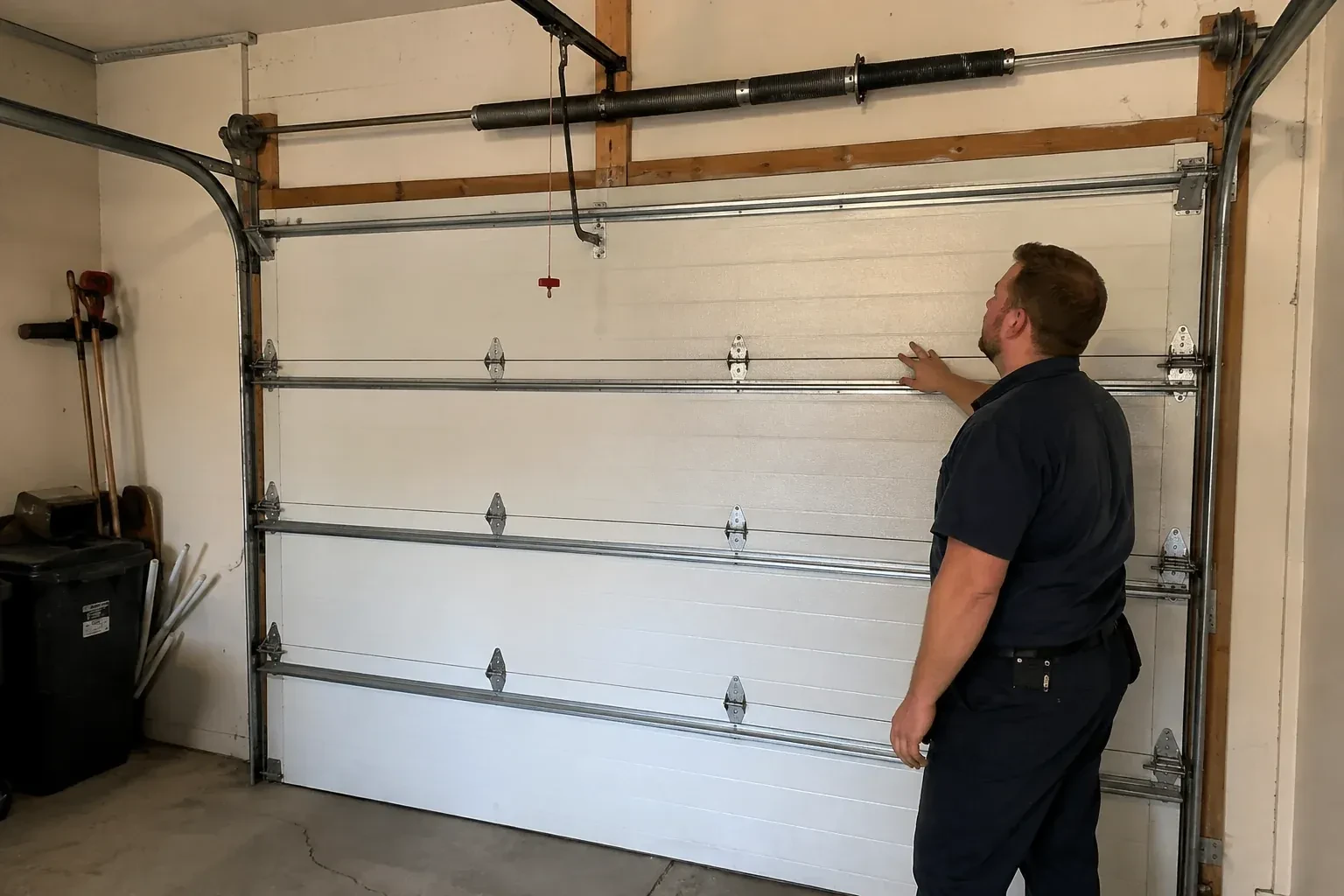 A person stands beside a closed sectional door beneath its overhead spring assembly. — Garage Door Balance Adjustment, Orland
