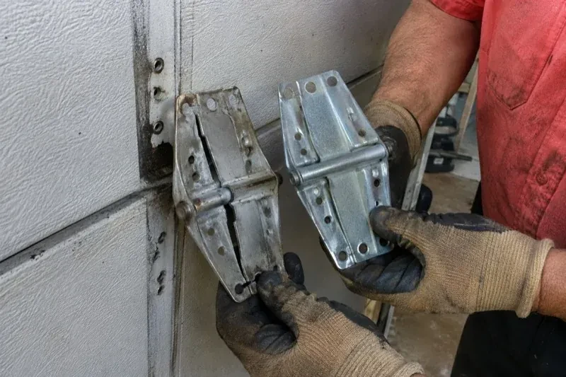 Gloved hands holding two metal garage-door hinges side by side, one discolored with a visible crack and the other bright silver. — Garage Door Hinge Replacement, Cobourg