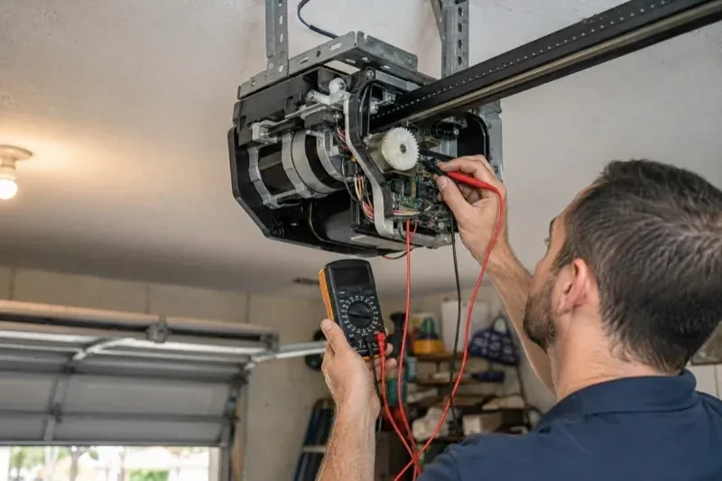 Person holding a multimeter and a red probe near the exposed circuit board of an overhead garage-door opener. — Garage Door Opener Diagnosis and Repair, Cobourg
