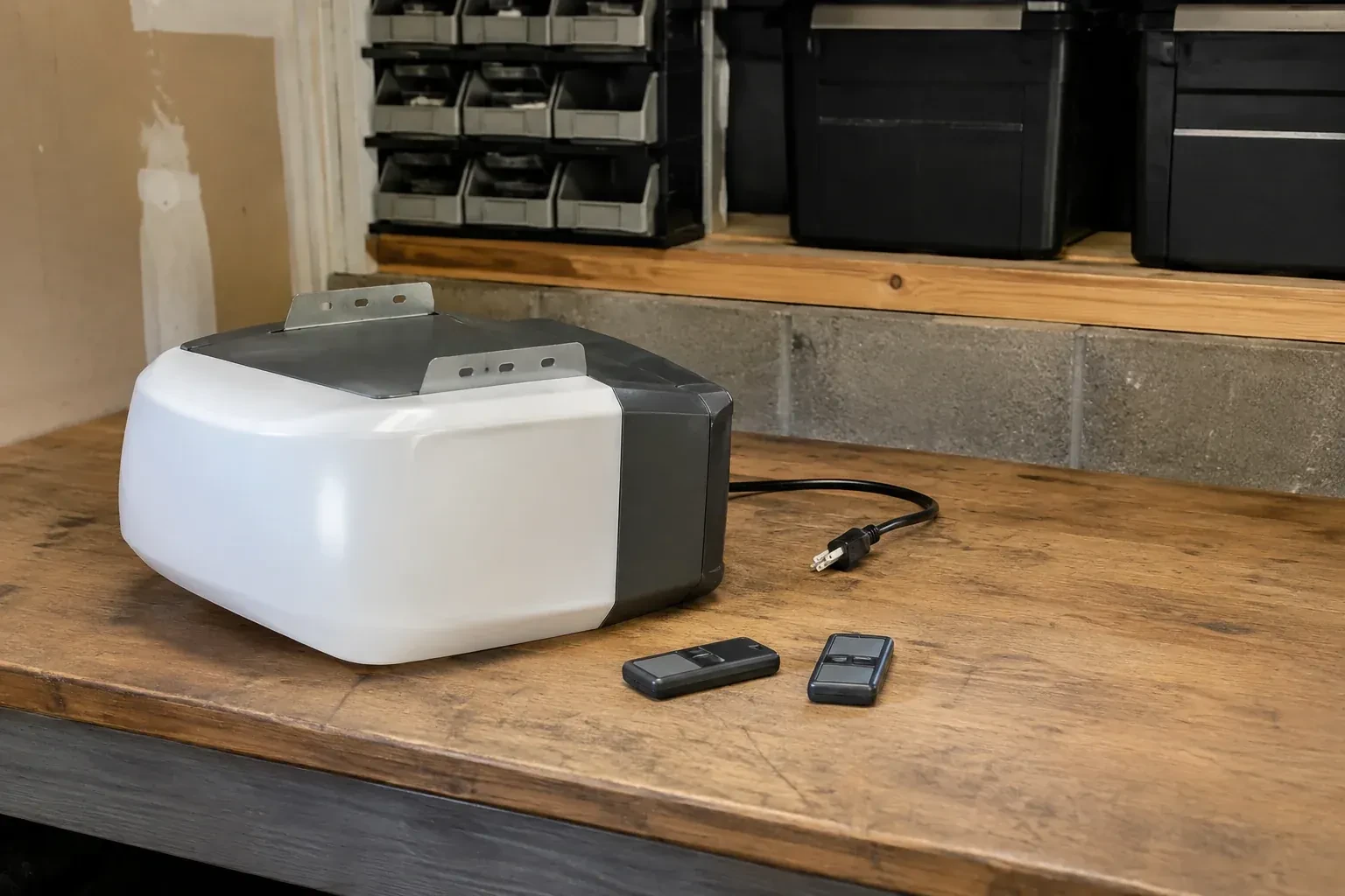 Detached opener housing and two remotes on a garage bench. — Garage Door Opener Replacement, Cobourg