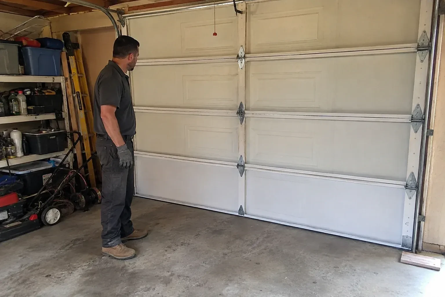 A person examines the interior panels and hinges of a closed sectional garage door. — Garage Door Panel Replacement, Cobourg