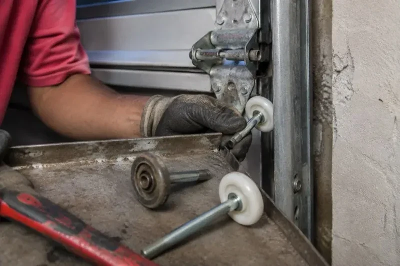 Gloved hand holding a white garage-door roller beside its track, with two loose rollers and a red tool on a tray. — Garage Door Roller Replacement, Cobourg
