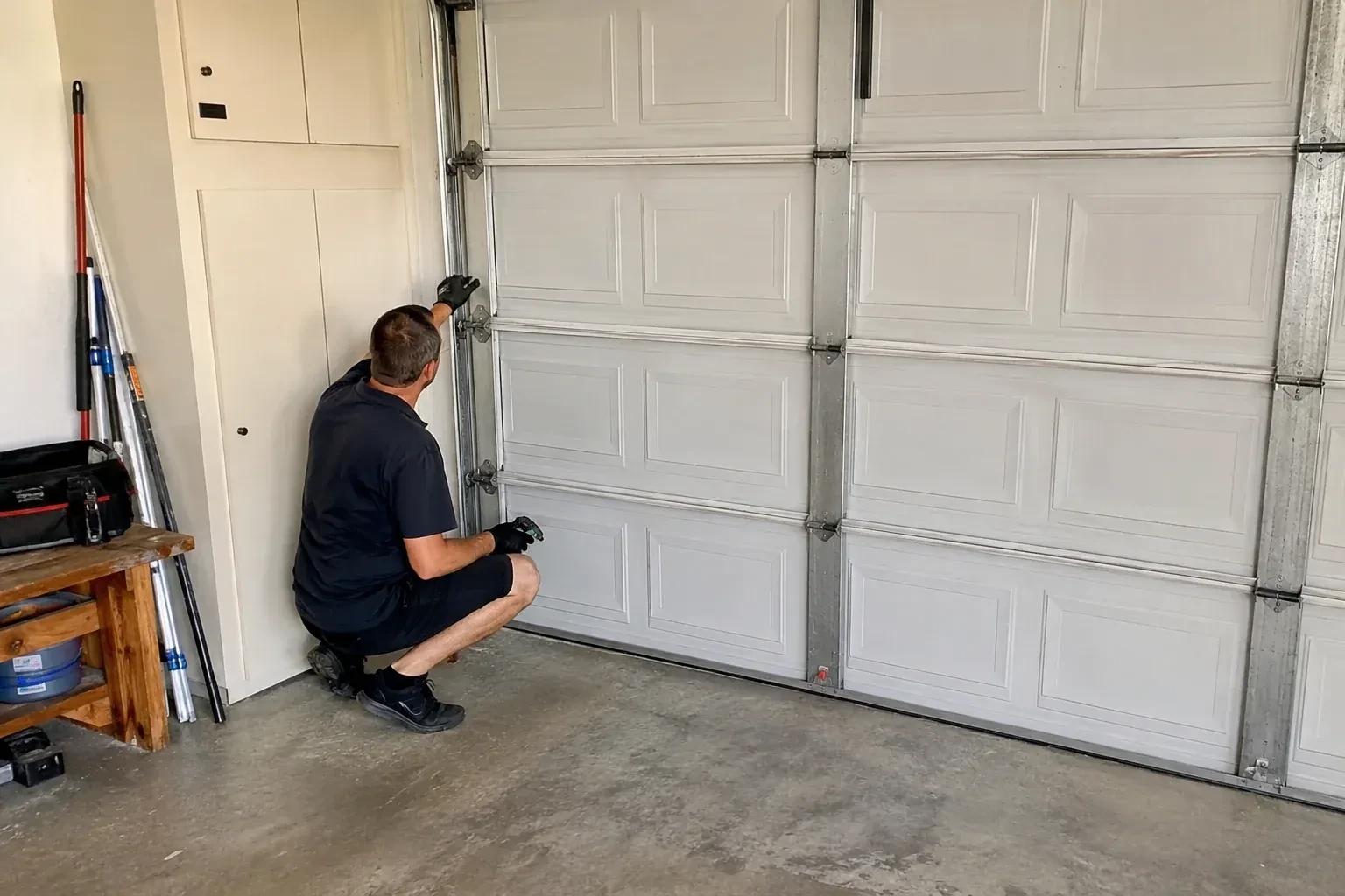 A person kneels beside the side track and hinges of a closed sectional garage door. — Garage Door Safety Inspection, Cobourg