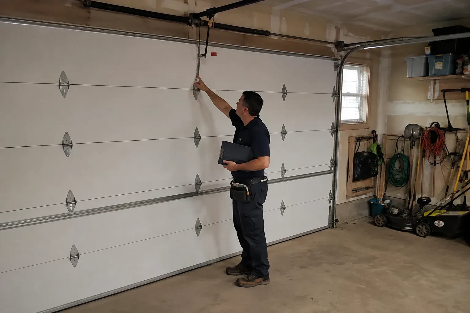 A person holding a clipboard examines the interior hardware of a closed garage door. — Garage Door Tune-Up, Cobourg