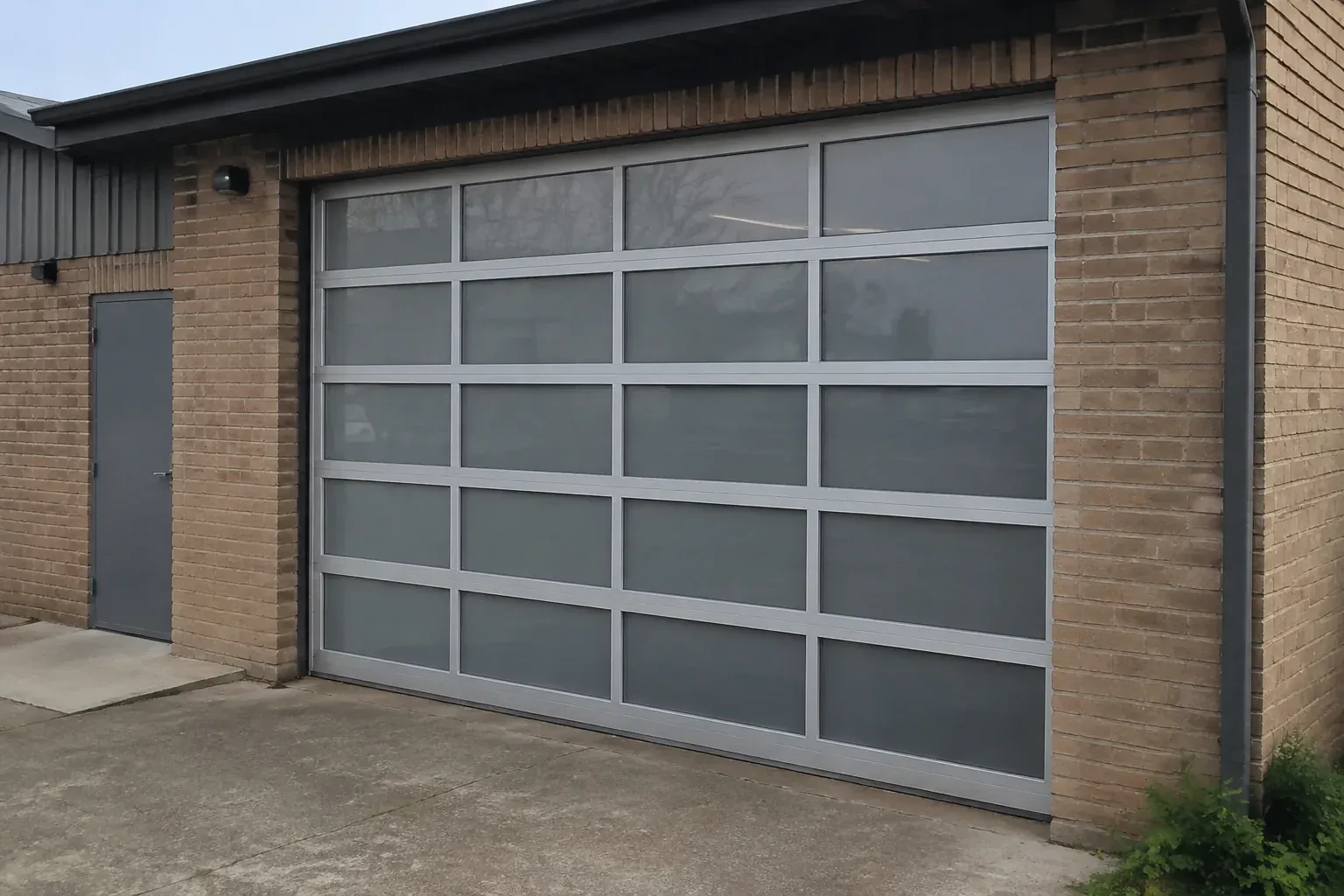 Closed glazed sectional door in a grey metal frame at a brick workshop. — Full-View Glass Garage Door Installation, Cobourg