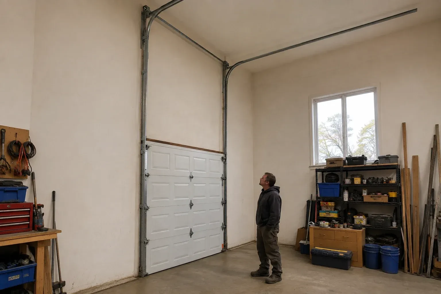 Vertical tracks extend above a closed garage door before curving near a high ceiling, while a person looks upward. — High-Lift Garage Door Conversion, Cobourg
