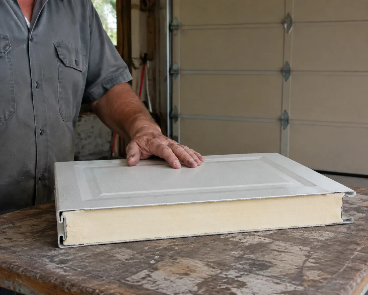 A panel sample exposes a cream foam core between thin metal faces on a garage workbench. — Insulated Steel Garage Door Installation, Cobourg