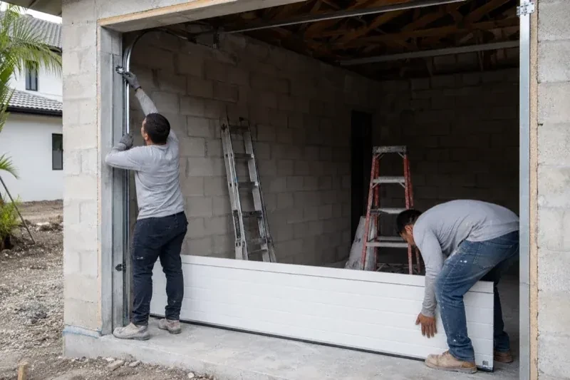 Two people positioning a white garage-door panel and side track in an unfinished masonry garage. — New-Construction Garage Door Installation, Cobourg