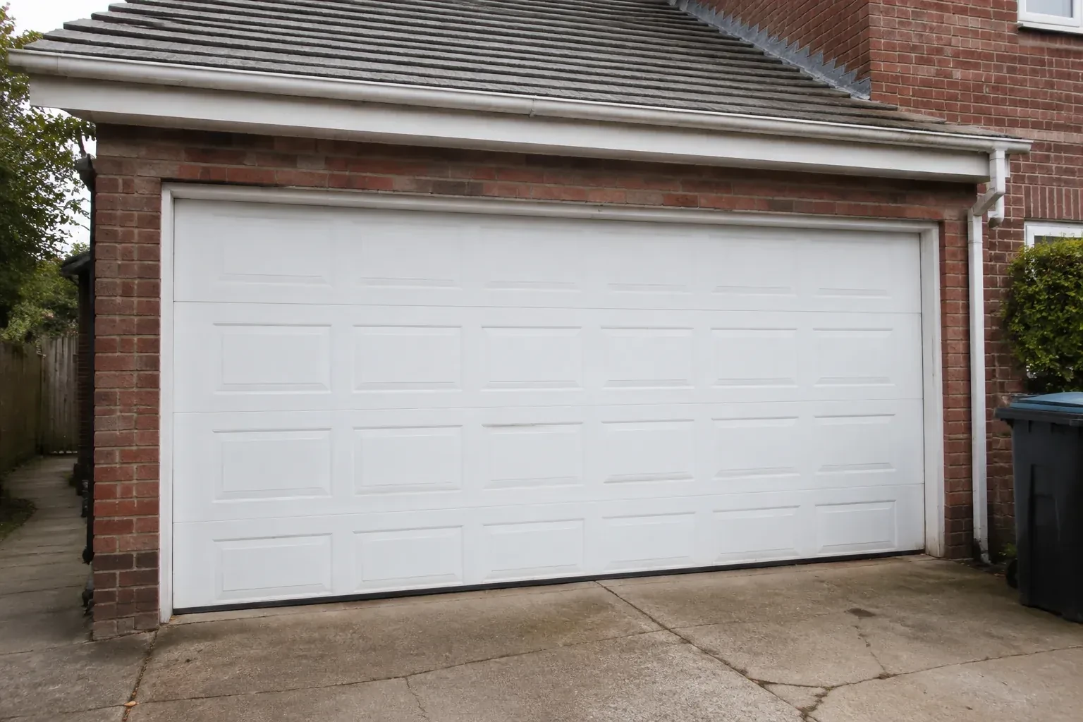 Closed white sectional garage door at an ordinary brick house. — Sectional Garage Door Replacement, Cobourg