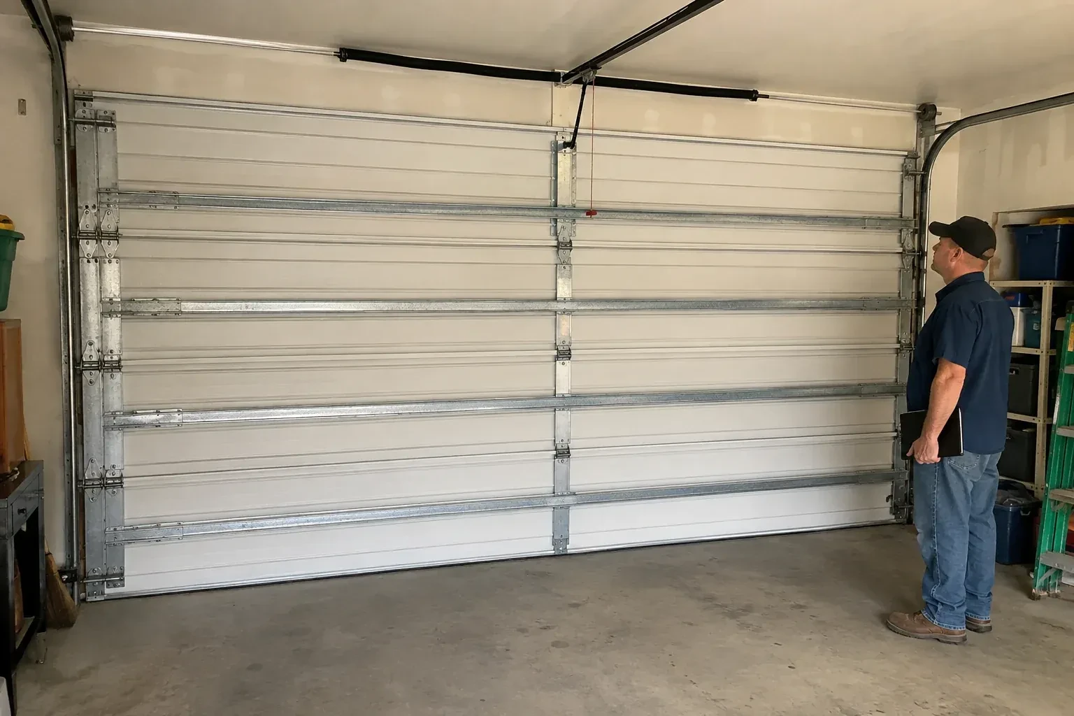 A person examines horizontal metal reinforcement members across the interior of a closed garage door. — Wind-Rated Garage Door Replacement, Cobourg